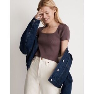 Madewell Ribbed Square Neck Short Sleeve Crop Knit Top Dusty Mauve Size M